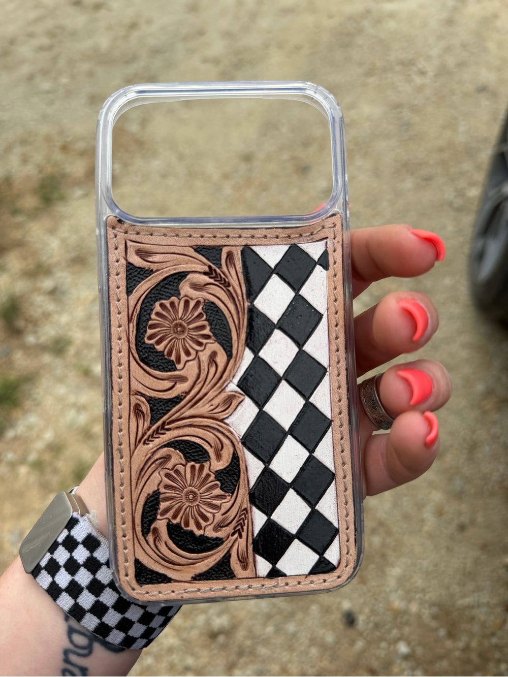 Leather Tooled Floral & Checkered Phone Case - Tan & Black